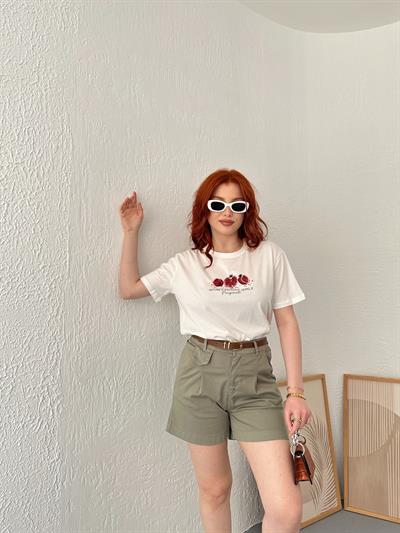 Kemerli Küçük Kapak Detay Şort Haki