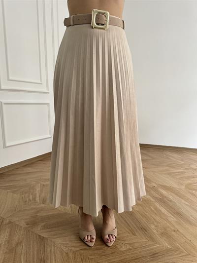 Kemerli Pileli Uzun Etek Ekru