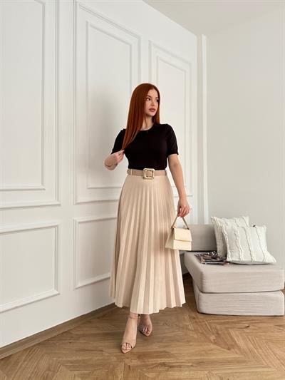 Kemerli Pileli Uzun Etek Ekru