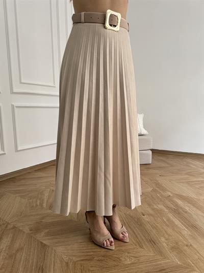 Kemerli Pileli Uzun Etek Ekru