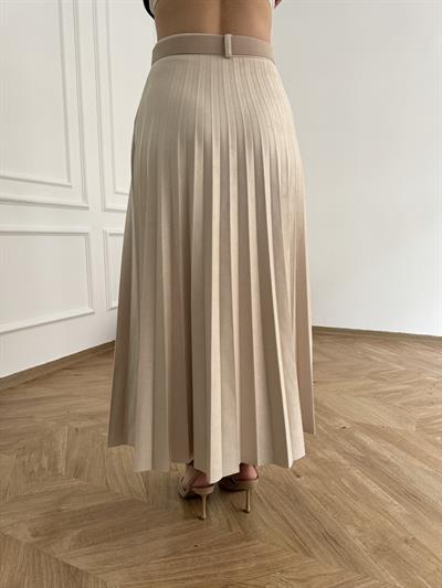 Kemerli Pileli Uzun Etek Ekru