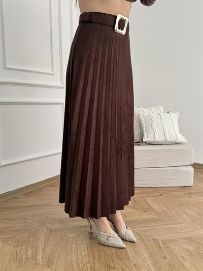 Kemerli Pileli Uzun Etek Kahve