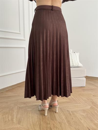 Kemerli Pileli Uzun Etek Kahve