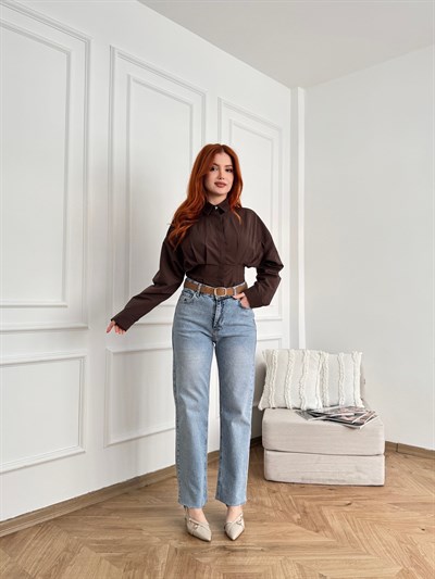 Kemerli Straight Jean Pantolon Mavi kar