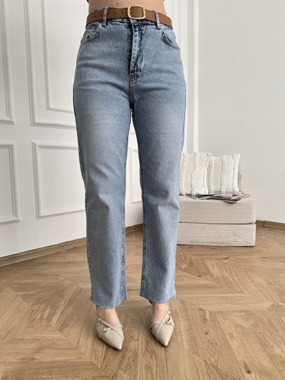 Kemerli Straight Jean Pantolon Mavi kar