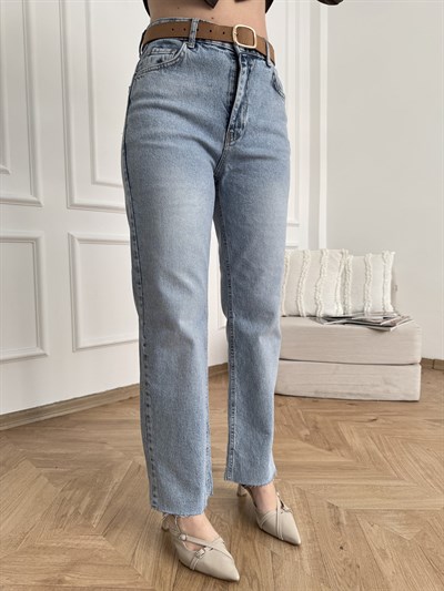 Kemerli Straight Jean Pantolon Mavi kar