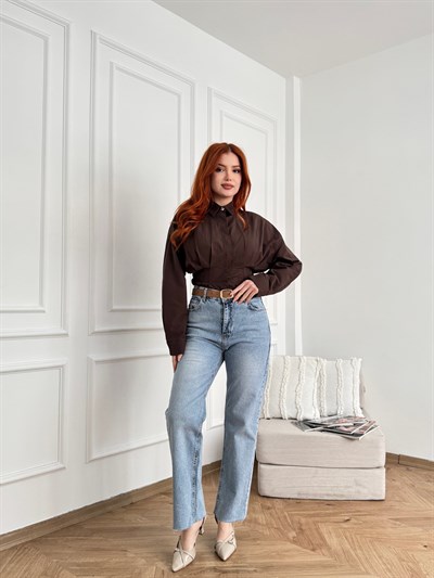 Kemerli Straight Jean Pantolon Mavi kar