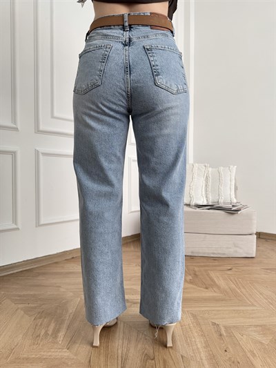Kemerli Straight Jean Pantolon Mavi kar