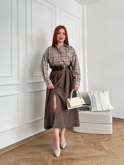 Kemerli Süet Etek Kahve