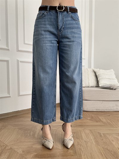 Kemerli Tensel Kumaş Jean Pantolon Mavi