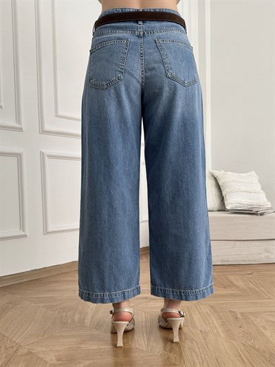 Kemerli Tensel Kumaş Jean Pantolon Mavi