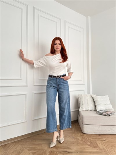 Kemerli Tensel Kumaş Jean Pantolon Mavi