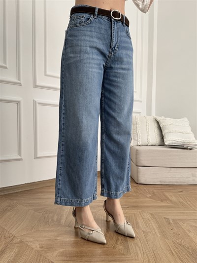 Kemerli Tensel Kumaş Jean Pantolon Mavi
