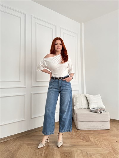 Kemerli Tensel Kumaş Jean Pantolon Mavi