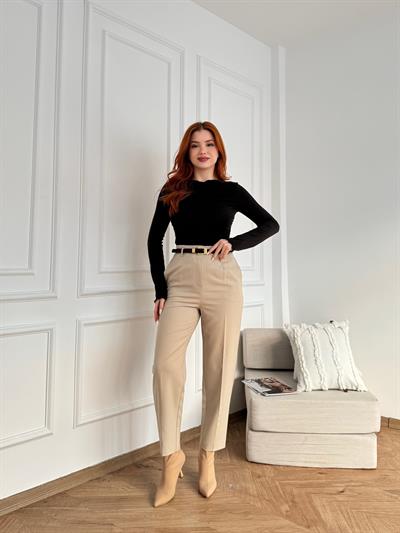Kemerli Yüksek Bel Pantolon Taş