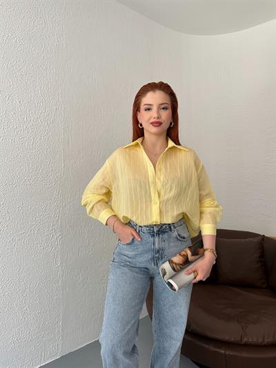 Kendinden Çizgili Gömlek Sarı