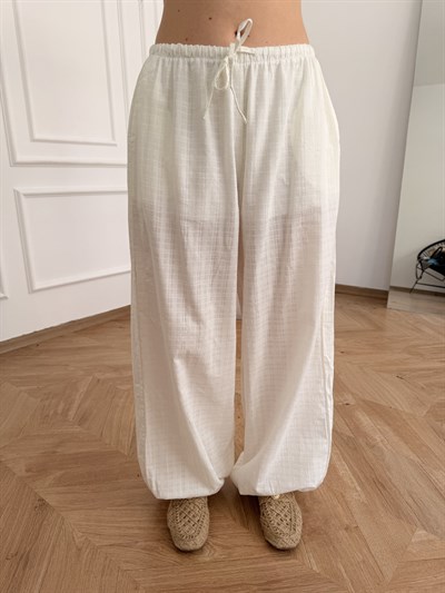 Kendinden Çizgili Paça Lastikli Pantolon Ekru