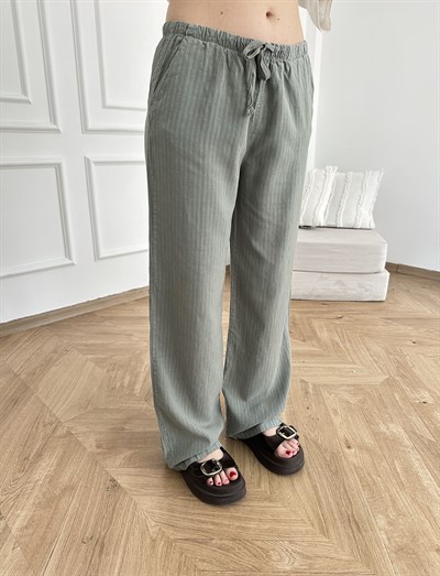 Kendinden Çizgili Tencel Pantolon Açık haki