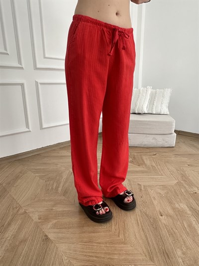 Kendinden Çizgili Tencel Pantolon Kırmızı