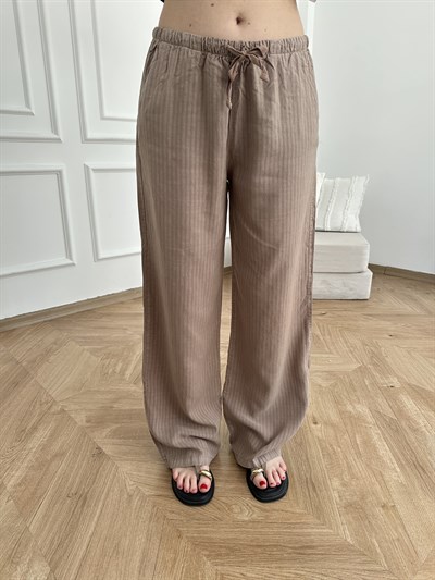 Kendinden Çizgili Tencel Pantolon Vizon