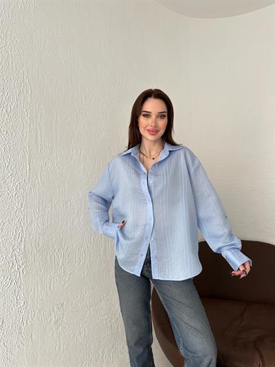 Kendinden Desenli Cepsiz Gömlek Mavi