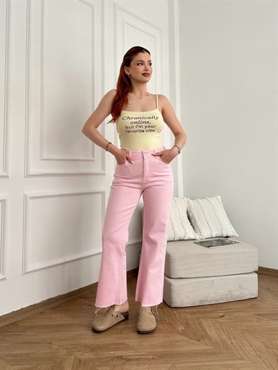 Kesik Paça Jean Pembe
