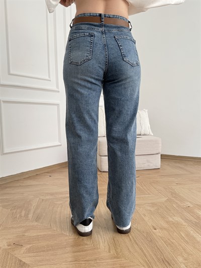 Kesik Paça Kemerli Straight Pantolon Koyu mavi