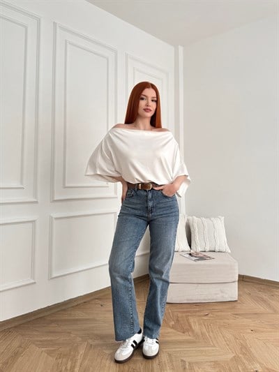 Kesik Paça Kemerli Straight Pantolon Koyu mavi