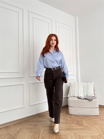 Kesik Paça Kemerli Straight Pantolon Kahve