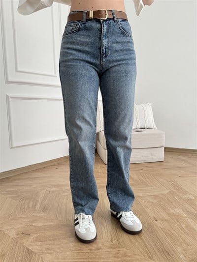 Kesik Paça Kemerli Straight Pantolon Koyu mavi