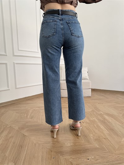 Kesik Paça Kemerli Straight Pantolon Mavi