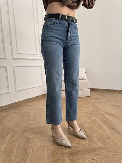 Kesik Paça Kemerli Straight Pantolon Mavi