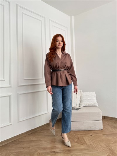Kesik Paça Kemerli Straight Pantolon Mavi
