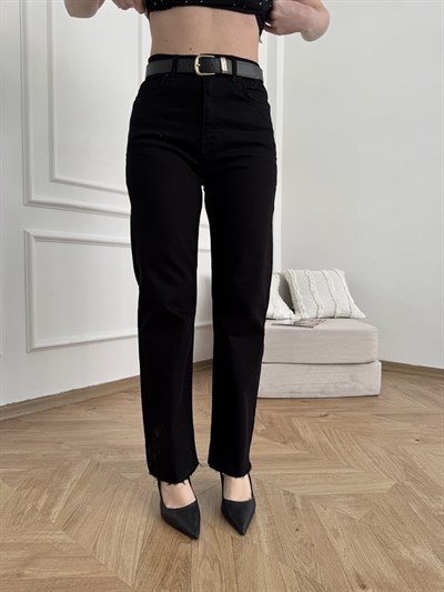 Kesik Paça Kemerli Straight Pantolon Siyah