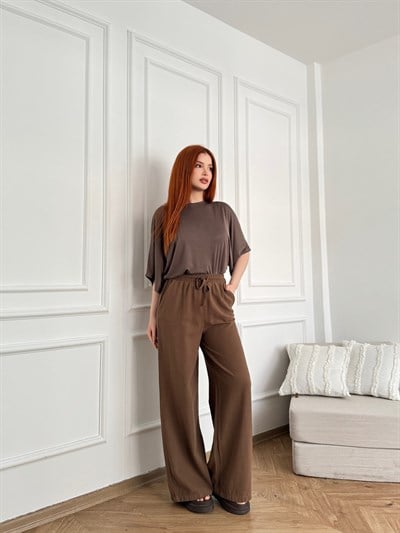 Keten Görünümlü Beli Lastikli Relax Pantolon Açık kahve