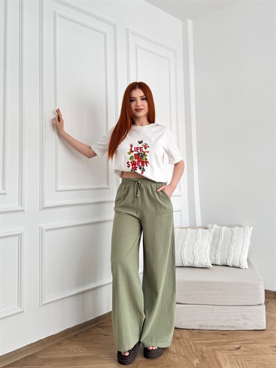 Keten Görünümlü Beli Lastikli Relax Pantolon Açık haki