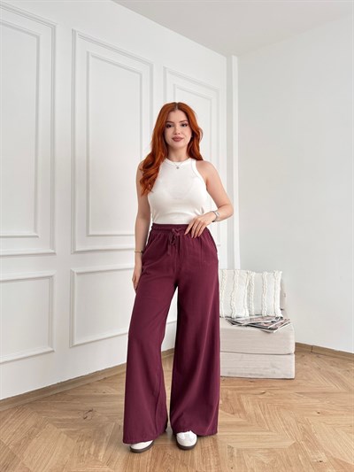 Keten Görünümlü Beli Lastikli Relax Pantolon Mürdüm