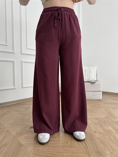 Keten Görünümlü Beli Lastikli Relax Pantolon Mürdüm