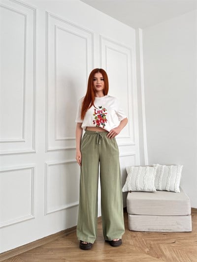 Keten Görünümlü Beli Lastikli Relax Pantolon Açık haki