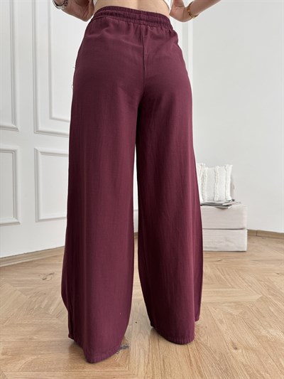 Keten Görünümlü Beli Lastikli Relax Pantolon Mürdüm