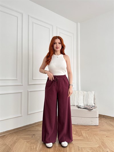 Keten Görünümlü Beli Lastikli Relax Pantolon Mürdüm
