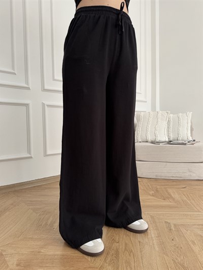 Keten Görünümlü Beli Lastikli Relax Pantolon Siyah