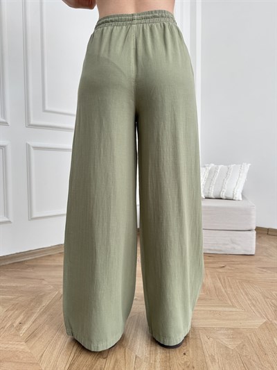 Keten Görünümlü Beli Lastikli Relax Pantolon Açık haki