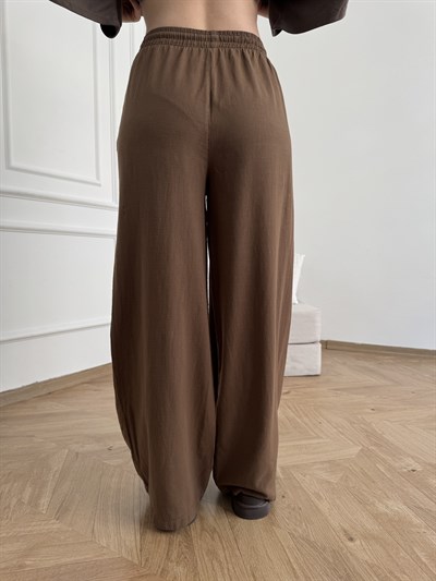 Keten Görünümlü Beli Lastikli Relax Pantolon Açık kahve