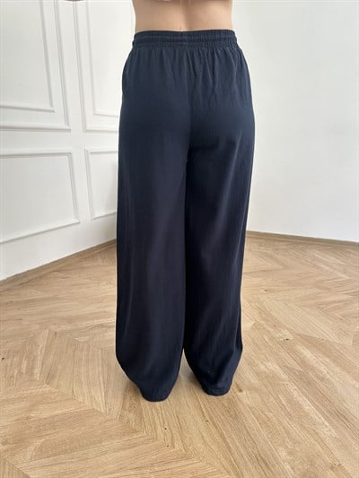 Keten Görünümlü Beli Lastikli Relax Pantolon Lacivert