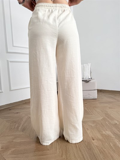 Keten Görünümlü Beli Lastikli Relax Pantolon Taş