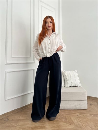 Keten Görünümlü Beli Lastikli Relax Pantolon Lacivert
