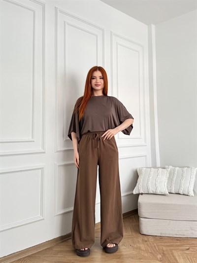 Keten Görünümlü Beli Lastikli Relax Pantolon Açık kahve