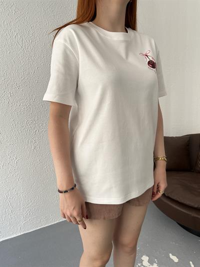 Kiraz Baskılı Tişört Ekru