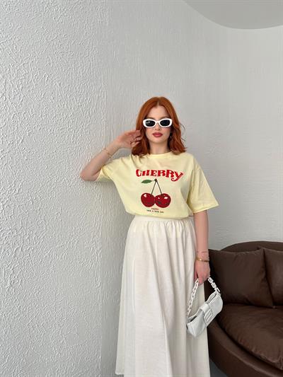 Kiraz Baskılı Tişört Sarı